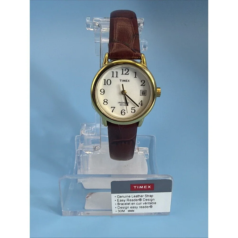 Timex Indiglo Quartz Watch Women 30m Gold Tone Leather Date Analog New Battery
